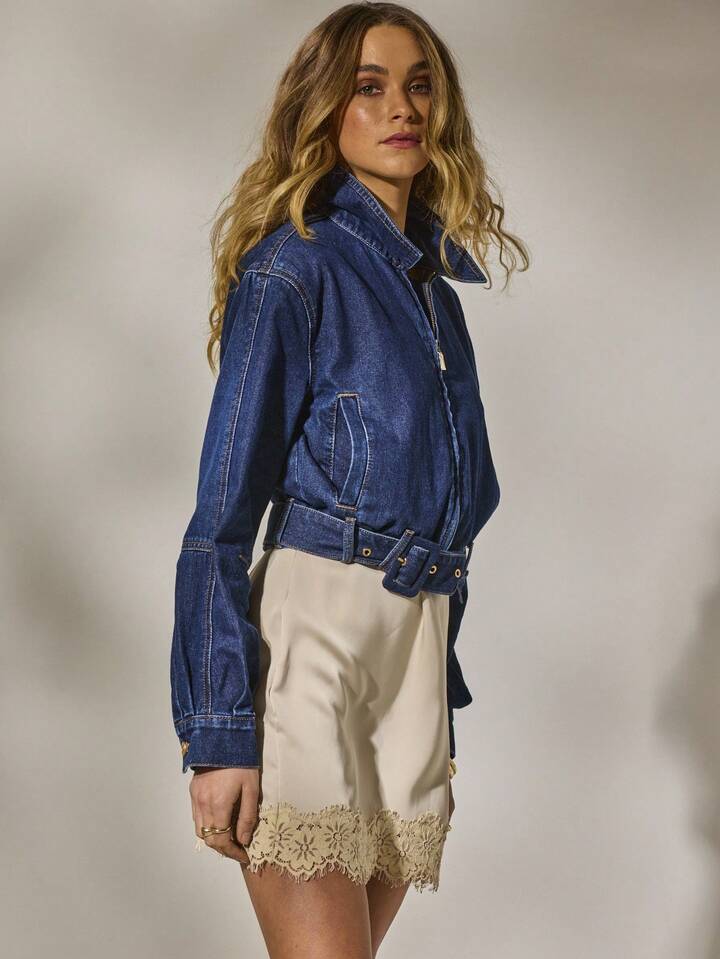 CM-CS579177 Women Casual Seoul Style Collar Neckline Wrist-Length Sleeve Biker Y2k Denim Jacket - Blue