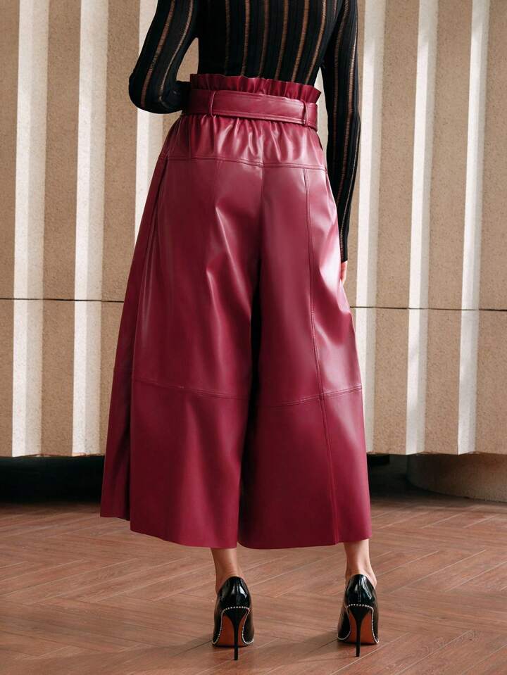 CM-BS309939 Women Elegant Seoul Style High Waist Faux Leather Wide Leg Pants - Red