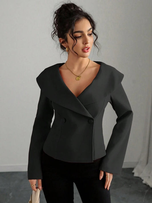 CM-TS371273 Women Elegant Seoul Style Solid Color Wide Lapel Open Shoulder Bell Sleeve Long Sleeve Blouse - Black