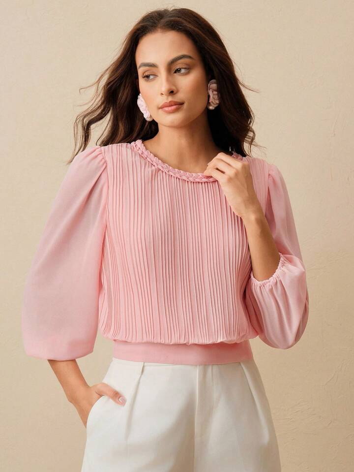 CM-TS771066 Women Elegant Seoul Style Cable Knit Round Neck Pleated Lantern Sleeve Slim Fit Blouse - Pink