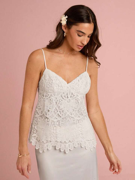CM-TS216444 Women Elegant Seoul Style Lace Spaghetti Strap Cold Shoulder Cami Top - White