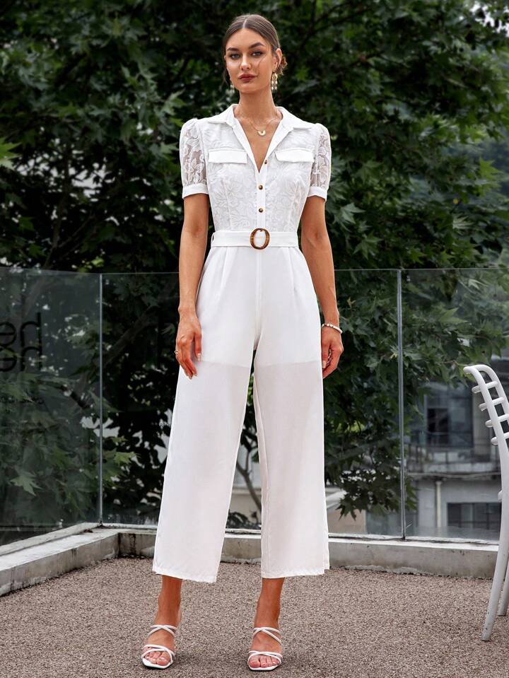 CM-JS036140 Women Elegant Seoul Style Lace Splicing Short Sleeve Jumpsuit - White