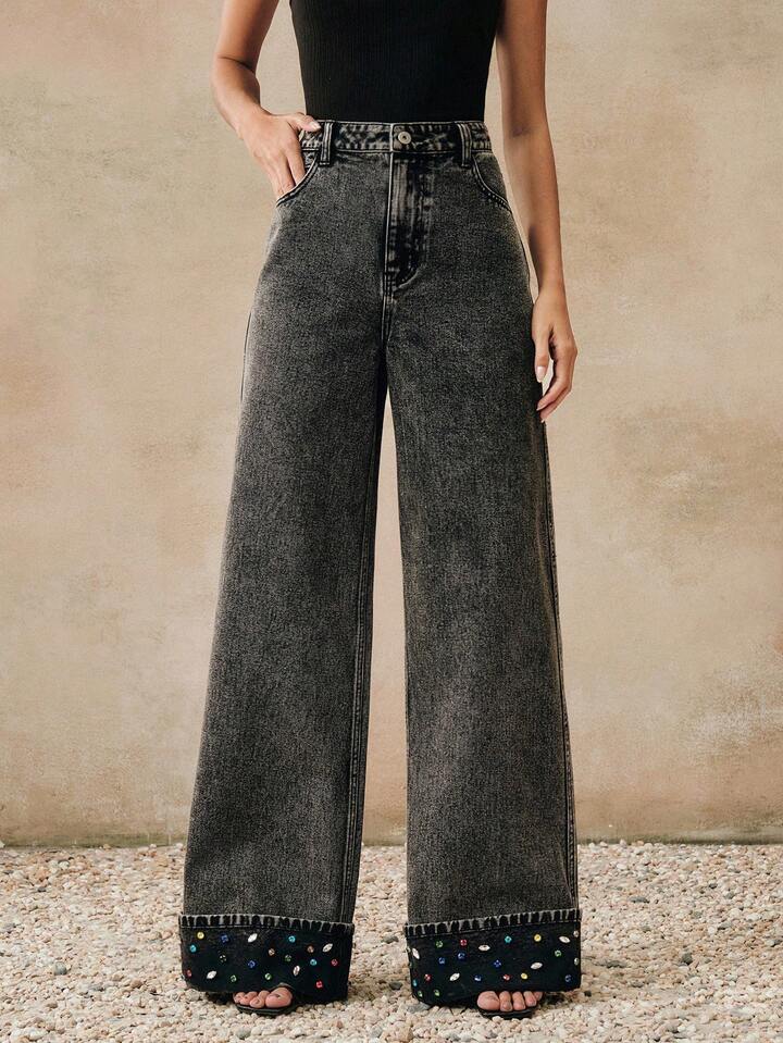 CM-BS269628 Women Elegant Seoul Style High Waist Rhinestone Embellished Loose Leg Wide Leg Jeans - Black