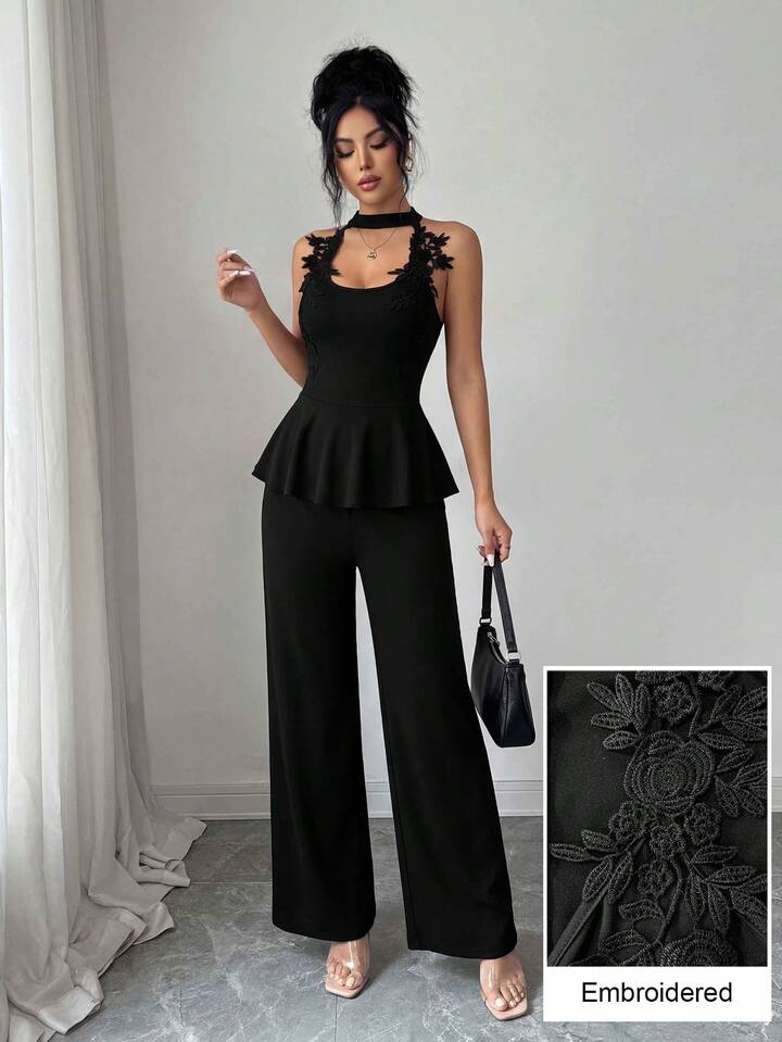 CM-JS958594 Women Elegant Seoul Style Halter Cutout Shoulder Applique Slim Fit Jumpsuit - Black