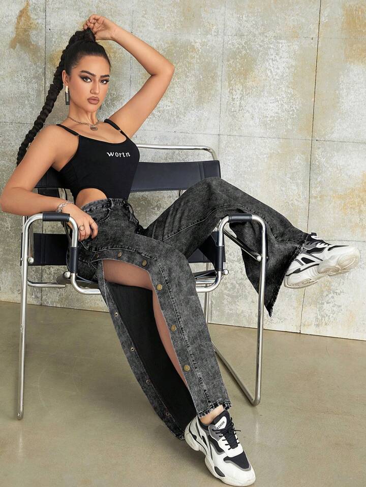 CM-BS145545 Women Vintage Seoul Style High Waist Metal Buckle Side Slant Pocket Wide Leg Jeans - Gray