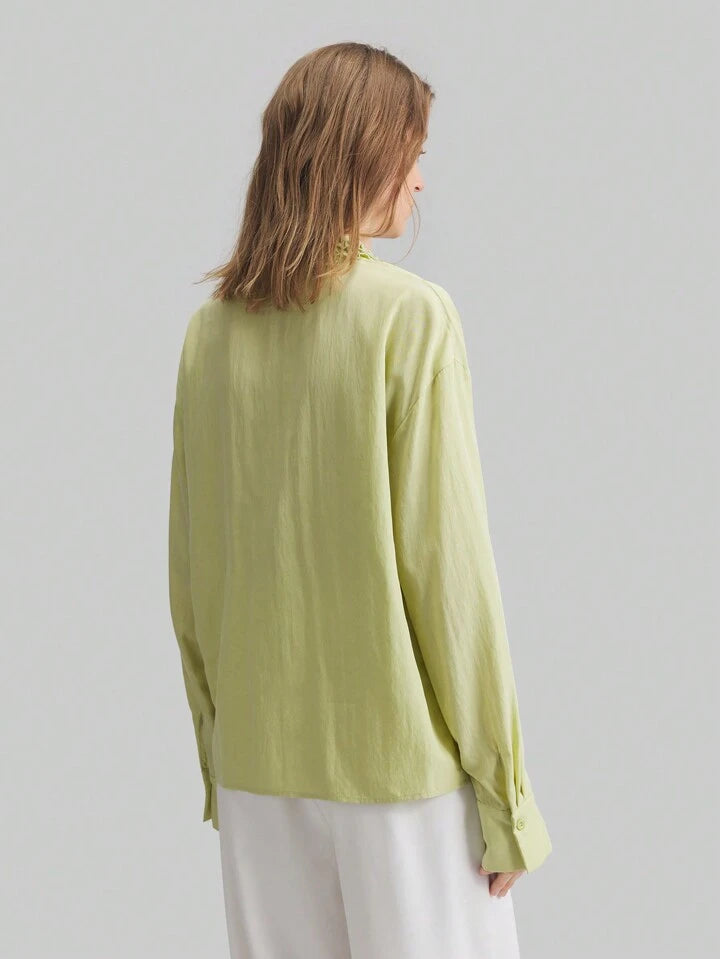 CM-TS540434 Women Elegant Seoul Style Stand Collar Drop Shoulder Long Sleeve Asymmetrical Shirt - Green