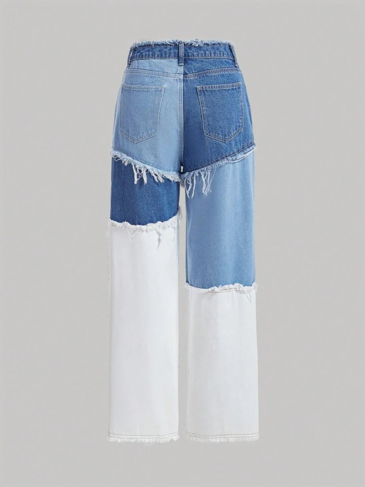 CM-BS017115 Women Casual Seoul Style Contrast Color Loose Fit Frayed Hem Denim Jeans