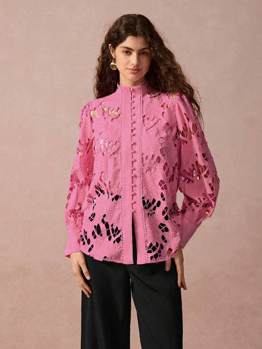 CM-TS490679 Women Elegant Seoul Style Embroidered Cutout Patchwork Stand Collar Button Front Shirt