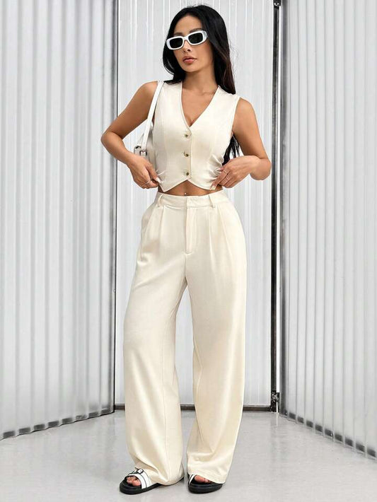 CM-SS116210 Women Casual Seoul Style Solid Color Single Row Button Top With Wide Leg Pants - Set