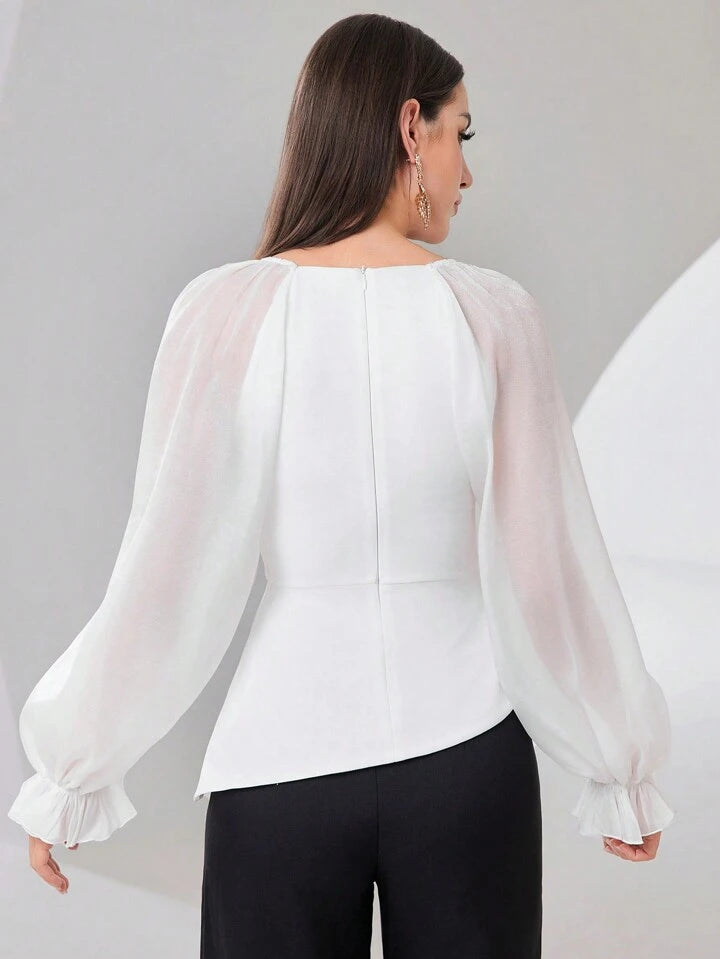CM-TS953513 Women Elegant Seoul Style Mesh Panel Sweetheart Neck Long Sleeve Shirt