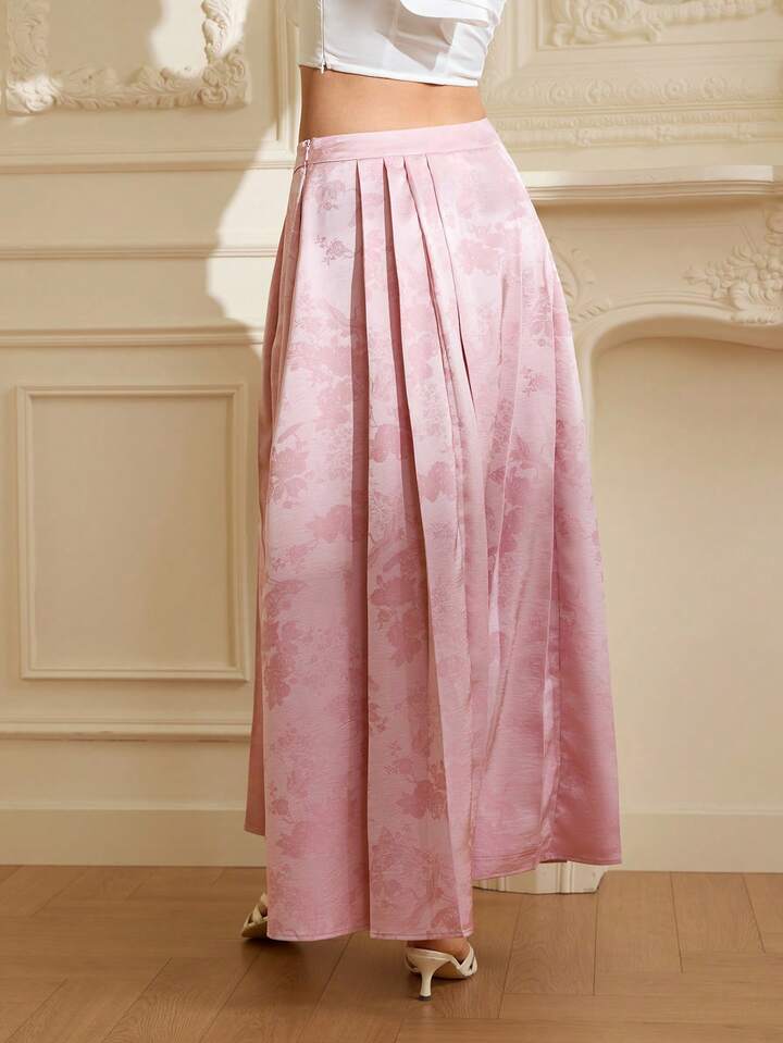 CM-BS810216 Women Elegant Seoul Style High Waist Satin Floral Texture Fabric Pleated A-Line Midi Skirt - Pink