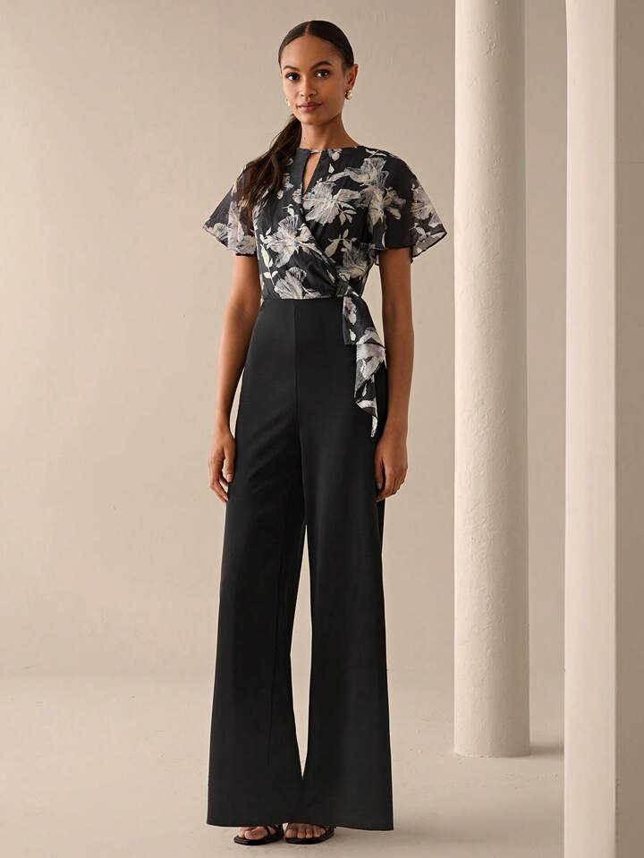 CM-JS668838 Women Elegant Seoul Style Floral Print Patchwork Sleeveless Wide Leg Jumpsuit - Black