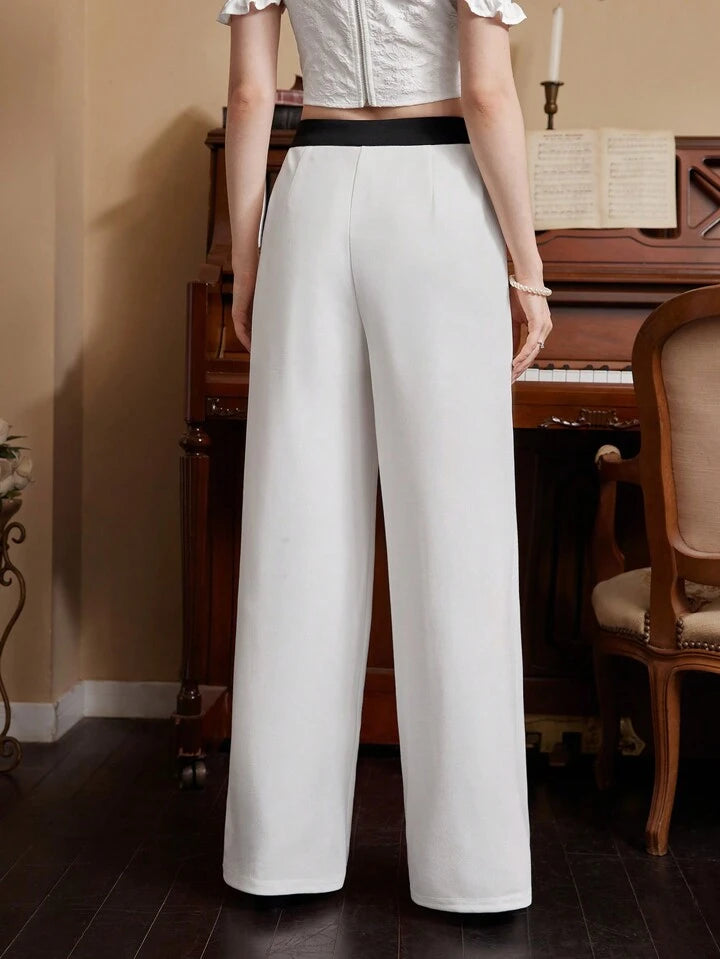 CM-BS792020 Women Elegant Seoul Style Contrasting Color 3D Floral High Waist Trousers - White