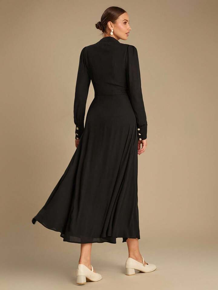 CM-DS166786 Women Elegant Seoul Style Bowknot Decor Tie Neck Long Sleeve Shirt Maxi Dress - Black