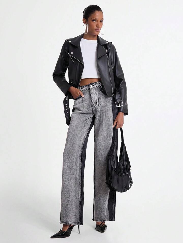 CM-BS901788 Women Casual Seoul Style Color-Block High Waist Patchwork Flared Leg Jeans - Black