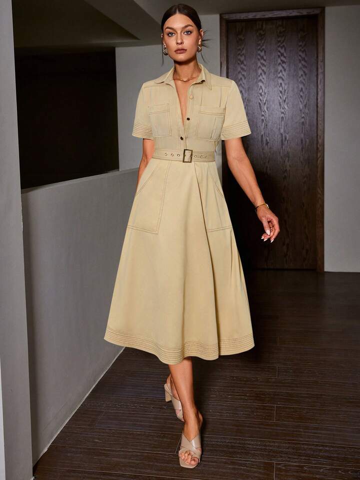CM-DS136677 Women Elegant Seoul Style Denim-Like Collared Contrast Color Short Sleeve Belted Dress - Khaki