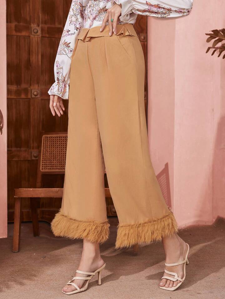 CM-BS199699 Women Elegant Seoul Style High-Waist Folded Waistband Frayed Hem Wide Leg Pants