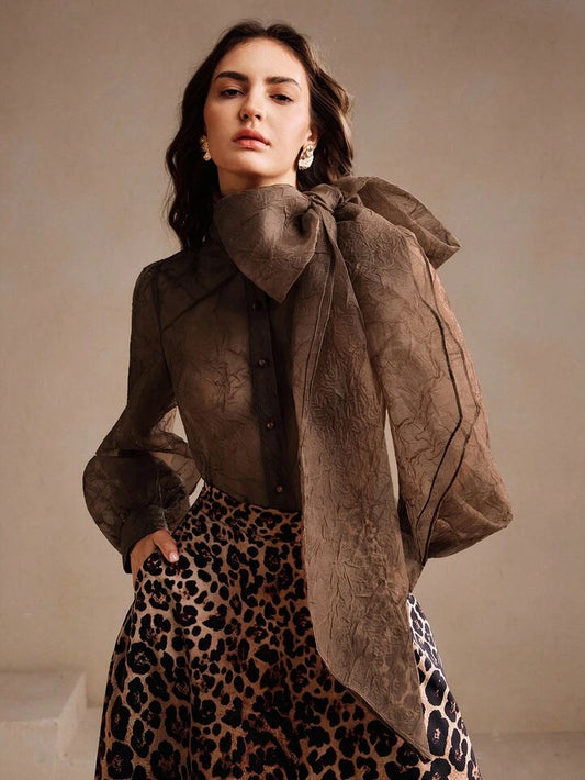 CM-TS670096 Women Elegant Seoul Style Tie-Up Extra Long Sleeve Sheer Blouse - Brown