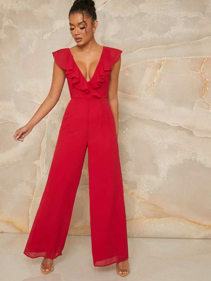 CM-JS866598 Women Trendy Bohemian Style Deep V-Neck Feather Print Ruffle Lace Up Jumpsuit