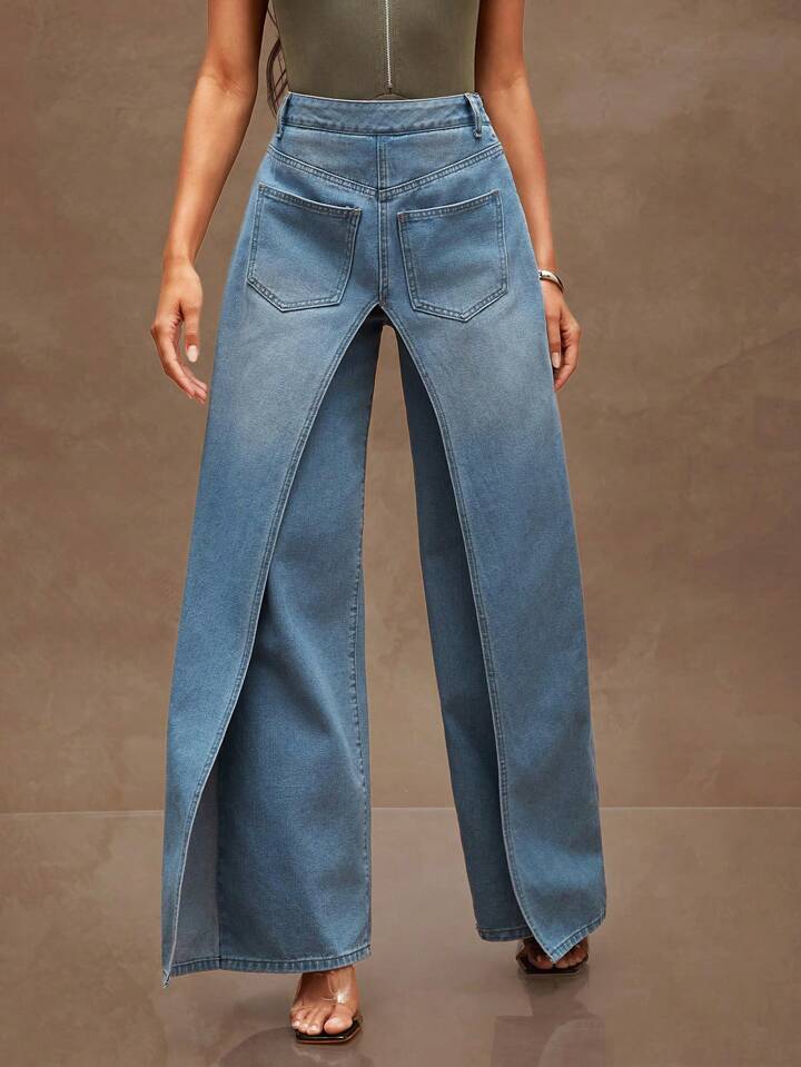 CM-BS954292 Women Casual Seoul Style Medium Wash Loose Fit Pocket Covered Wide Leg Jeans
