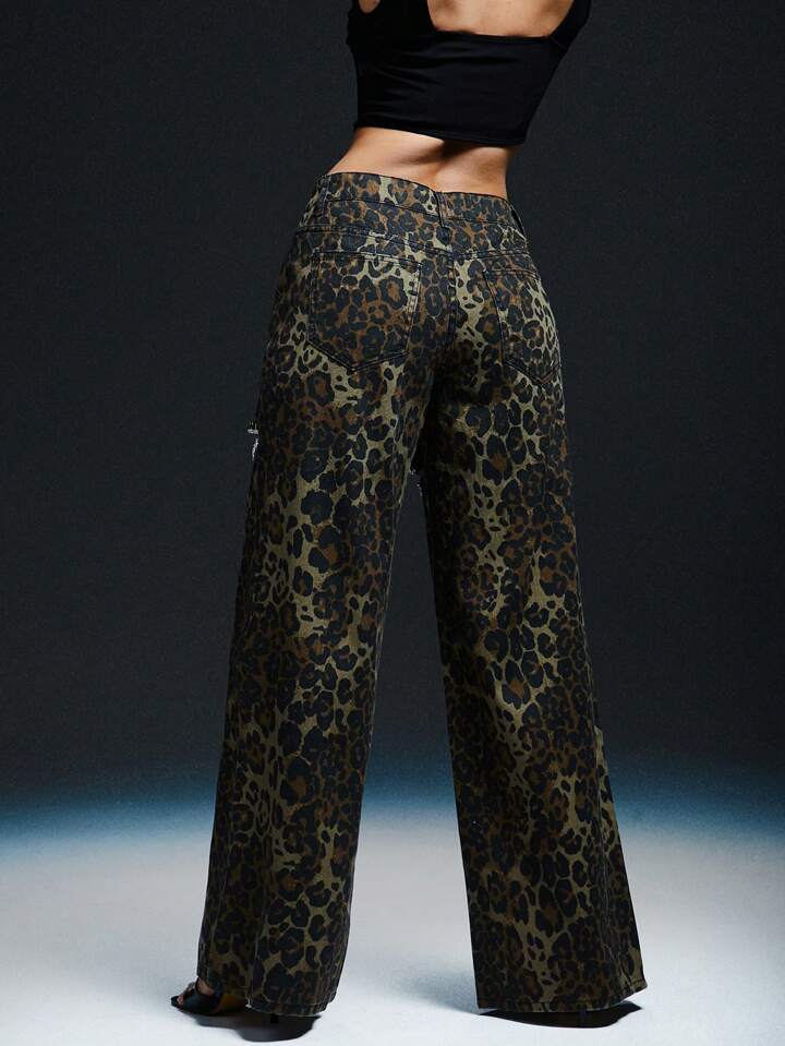 CM-BS154439 Women Casual Seoul Style Leopard Print Rhinestone Cut Out Wide Leg Jeans