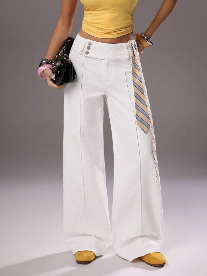 CM-BS569859 Women Casual Seoul Style Mid Waist Extra Long Wide Leg Denim Jeans - White