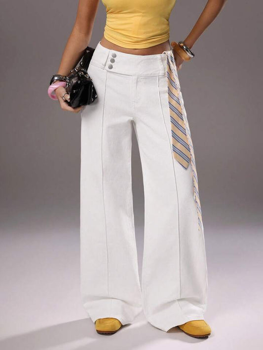 CM-BS569859 Women Casual Seoul Style Mid Waist Extra Long Wide Leg Denim Jeans - White
