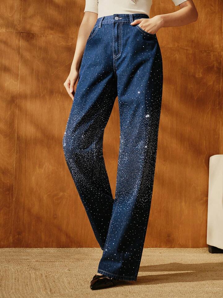 CM-BS444343 Women Casual Seoul Style Dark Wash High Waist Pockets Rhinestone Straight Loose Jeans