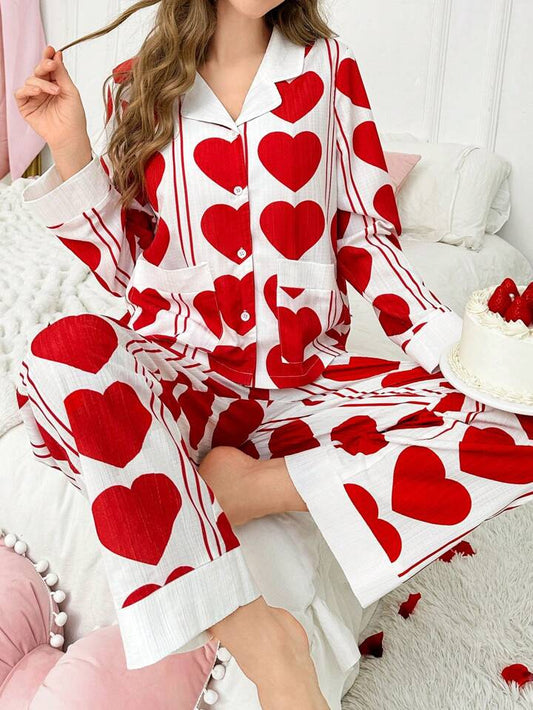 CM-LS406663 Women Trendy Seoul Style Heart Print Contrast Color Lapel Pocket Long Sleeve Pajamas Set