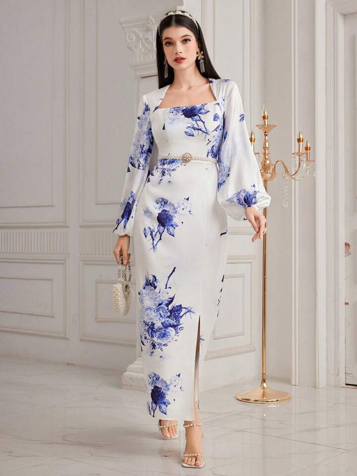 CM-DS919193 Women Elegant Seoul Style Square Neck Floral Print Lantern Sleeve Dress