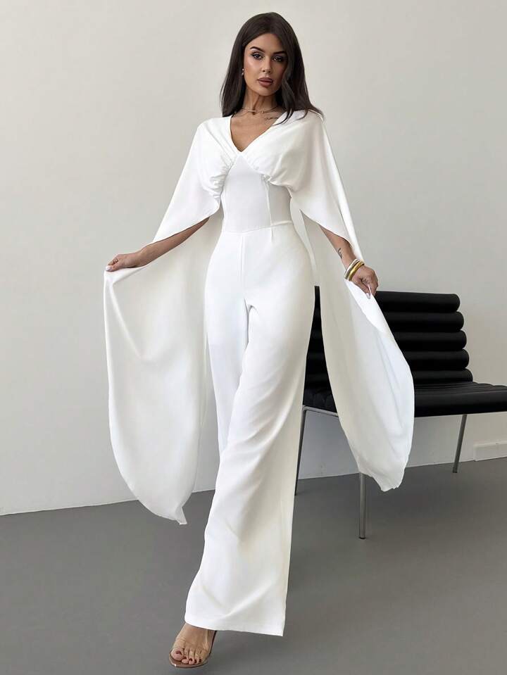 CM-JS484041 Women Elegant Seoul Style V-Neck Cape Extra Long Sleeves Waist Tie A-Line Wide Leg Jumpsuit - White