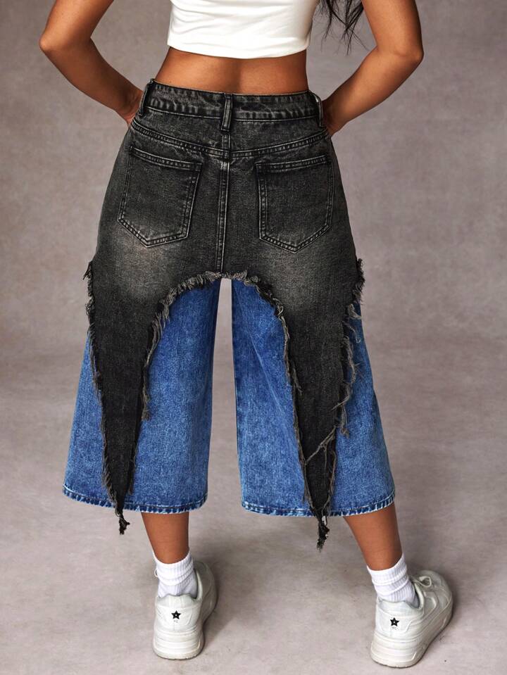 CM-BS335155 Women Casual Seoul Style Contrast Color Pockets Frayed Wide Leg Loose Jeans