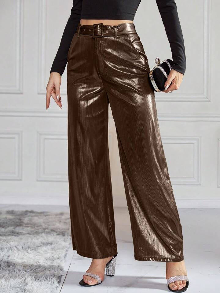 CM-BS994540 Women Elegant Seoul Style High Waist Belted Metallic Wide Leg Pants - Brown