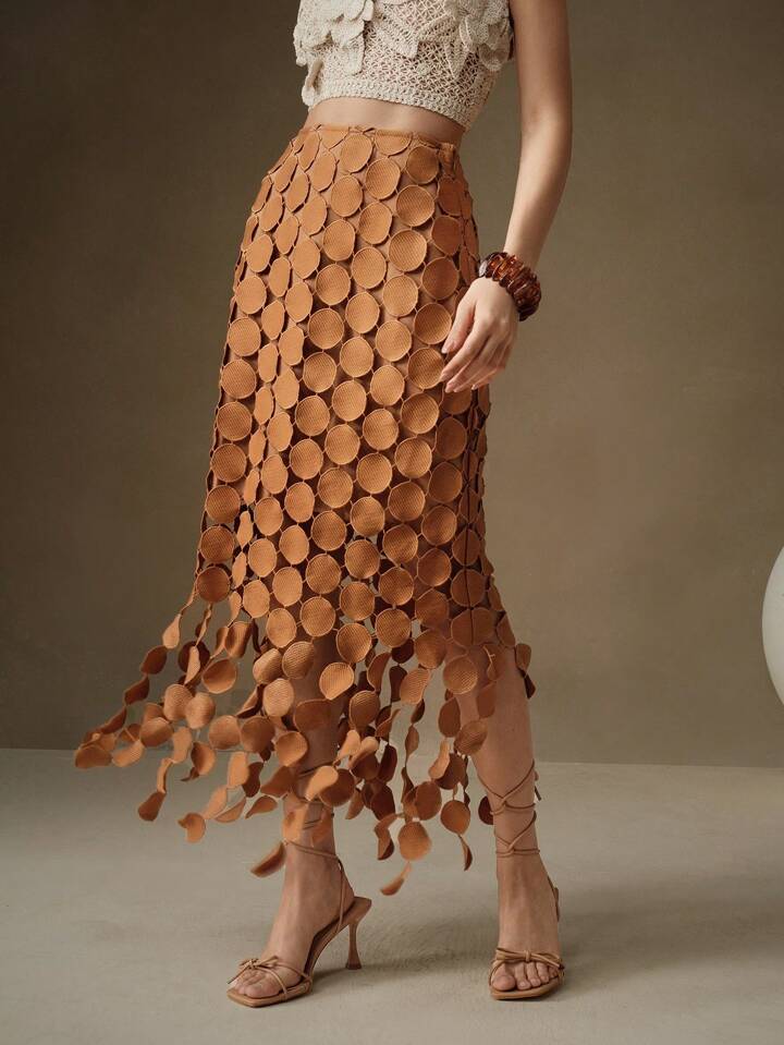 CM-BS401531 Women Trendy Bohemian Style Laser Cut Multi Circle Double Layered Maxi Skirt - Khaki