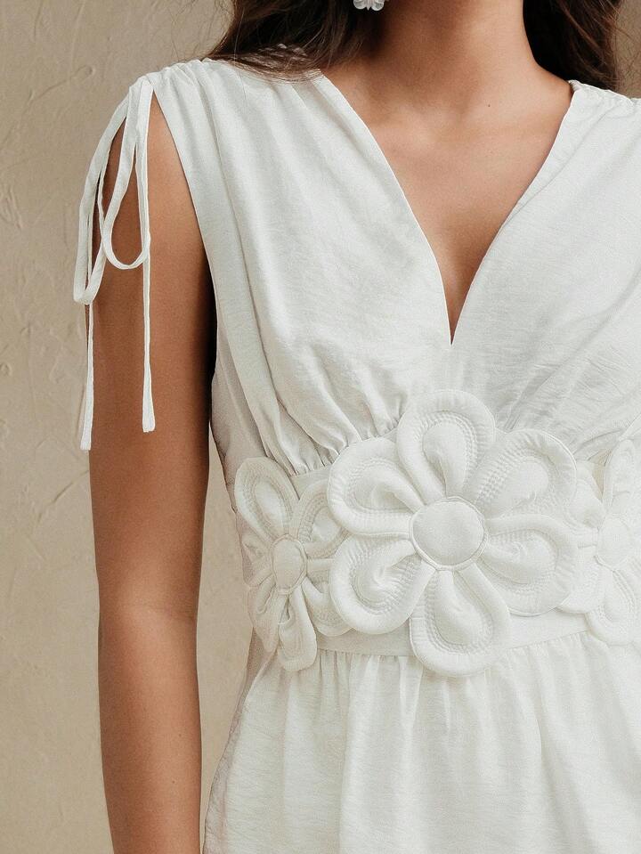 CM-TS156696 Women Elegant Seoul Style 3D Floral Tie Front Sleeveless Ruched Top - White