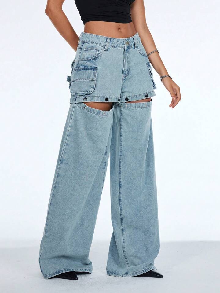 CM-BS743441 Women Casual Seoul Style Mid Waist Solid Color Wide-Leg Hollow Out Pocket Jeans - Blue