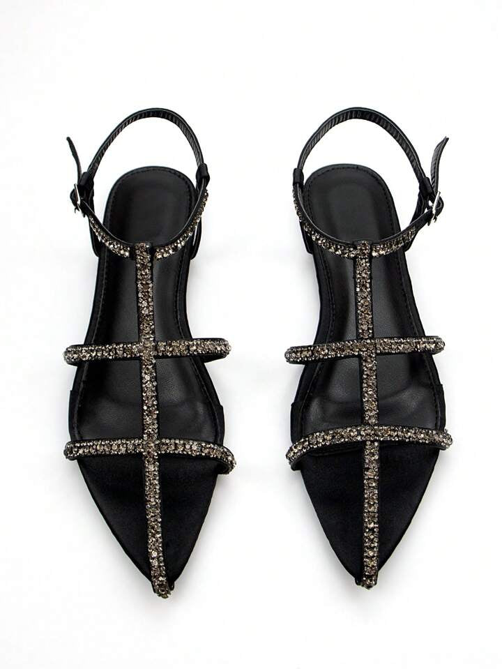 CM-SHS622051 Women Trendy Seoul Style Rhinestone Embellished Pointed Toe Flat Sandals - Black