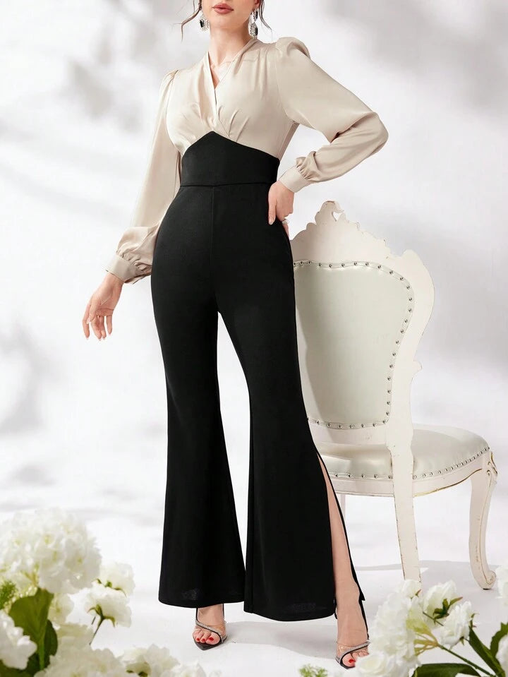 CM-JS636093 Women Elegant Seoul Style Patchwork V-Neck Long Sleeve High Slit Bell-Bottom Jumpsuit