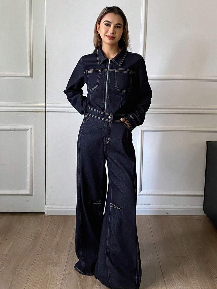 CM-SS534015 Women Elegant Seoul Style Collared Long Sleeve Jacket With Loose Fit Jeans - Set
