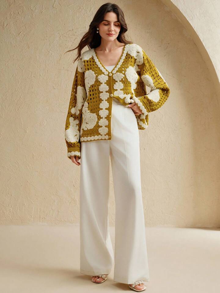 CM-CS148566 Women Elegant Seoul Style Floral Pattern Long Sleeve Single-Breasted Hollow Out Knitted Cardigan