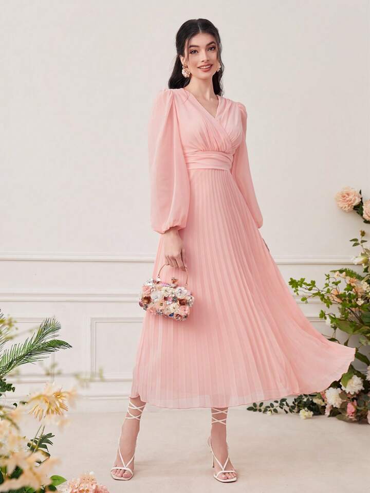 CM-DS466236 Women Elegant Seoul Style Surplice V-Neck High Waist Pleated Hem A-Line Dress - Dusty Pink