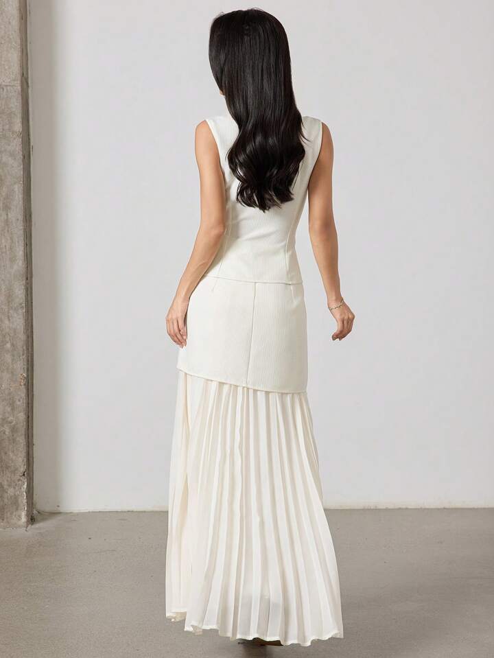 CM-SS751230 Women Elegant Seoul Style V-Neck Sleeveless Button Front Suit Vest With Pleated Long Skirt - Set