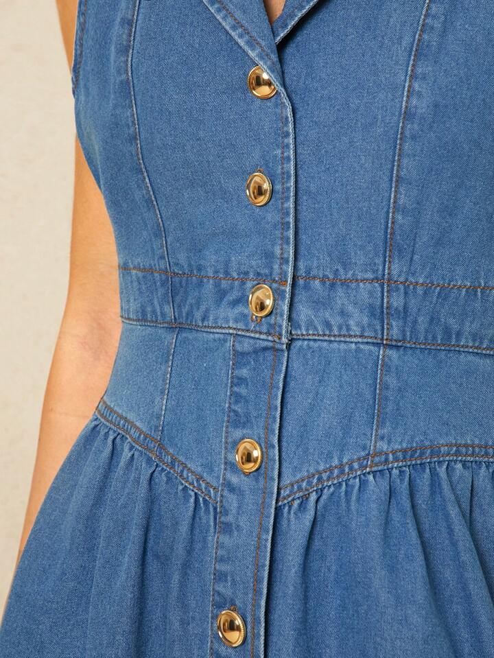 CM-DS474589 Women Casual Seoul Style Sleeveless Suit Collar Single-Breasted Denim Dress - Blue