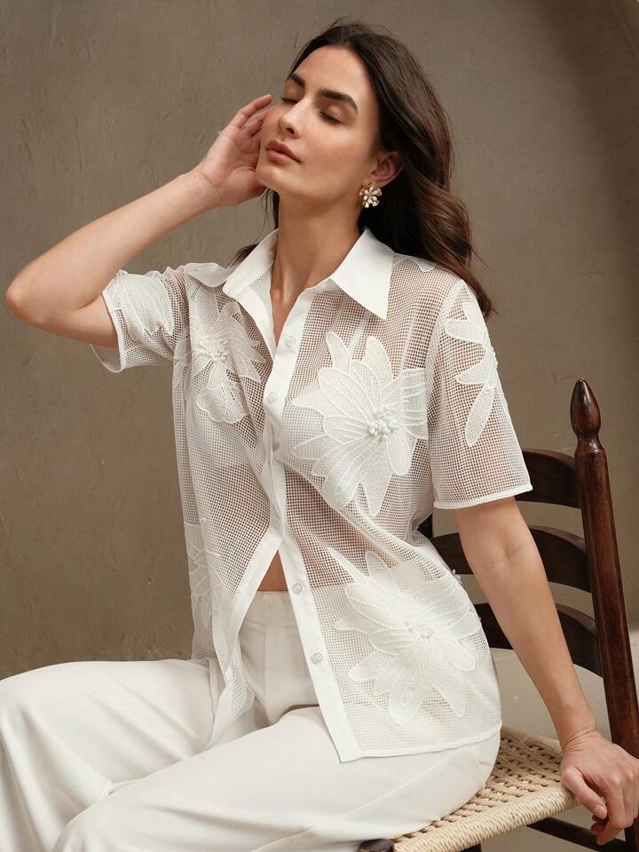 CM-TS032531 Women Elegant Seoul Style Mesh Fabric Embroidery Hollow Short Sleeved Shirt - White