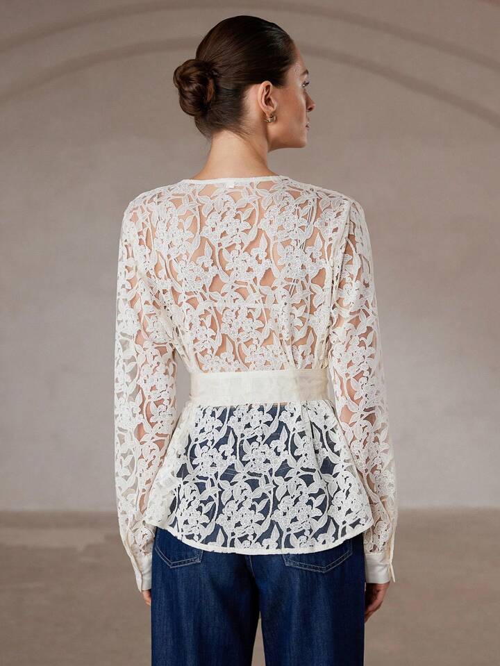 CM-TS141447 Women Elegant Seoul Style V-Neck Semi-Sheer Wrap Belted Long Sleeve Blouse