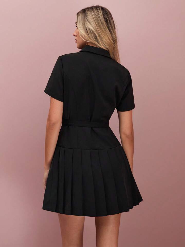 CM-DS929550 Women Elegant Seoul Style Collar Neckline Short Sleeve Single-Breasted Pleated Hem Belted Mini Dress