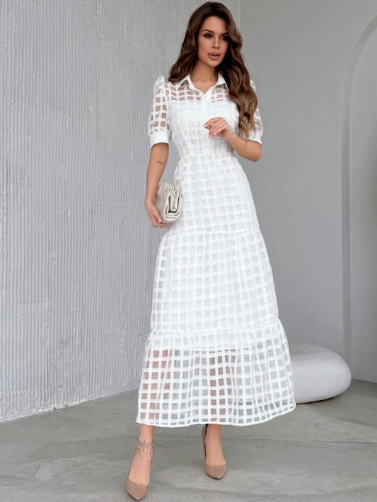 CM-DS527238 Women Elegant Seoul Style Buttoned V-Neck Short Sleeve Ruffle Hem Dress - White
