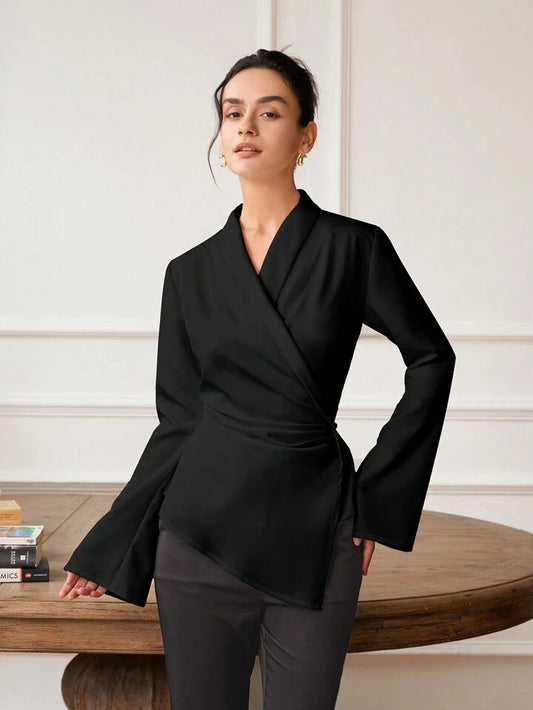 CM-TS247040 Women Elegant Seoul Style Cross Wrap Asymmetric Hem Long Sleeve Blouse - Black