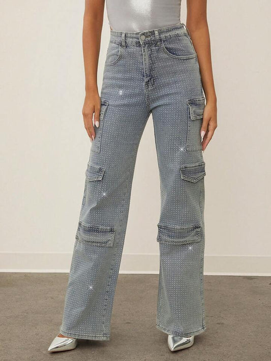 CM-BS470159 Women Elegant Seoul Style Medium Wash Rhinestone Flap Pocket Side Cargo Mid Ride Jeans