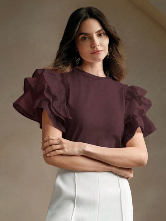 CM-TS399899 Women Casual Seoul Style Round Neck Puff Sleeve Ruffle Hem Splice Short Sleeve T-Shirt